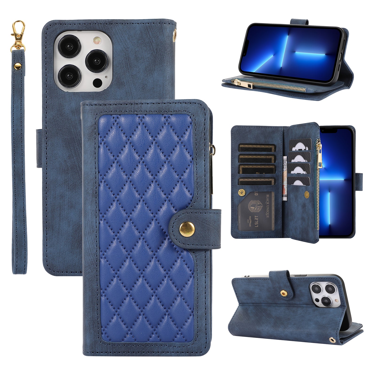 Stand Case for iPhone 13 Pro 6.1 inch Multiple Card Slots Zipper Pocket Rhombus PU Leather Phone Cover Stand Case for iPhone 13 Pro 6.1 inch Multiple Card Slots Zipper Pocket Rhombus PU Leather Phone Cover